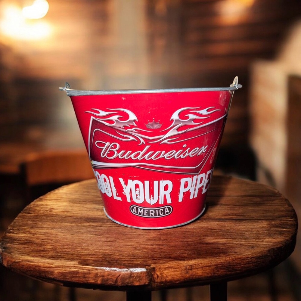 Budweiser FLAMES COOL YOUR PIPES AMERICA Metal Beer Bucket 5 Quart 2005 NEW